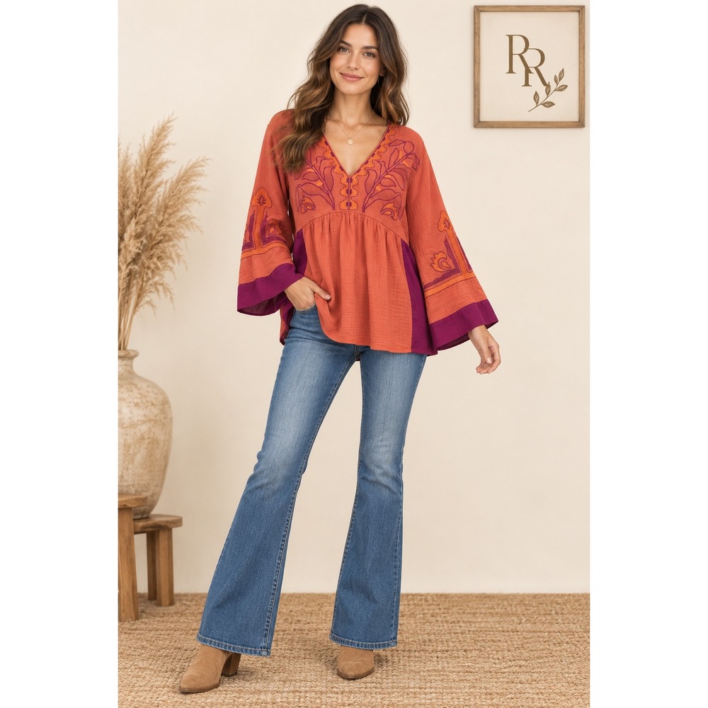 Jodifl Embroidered V-Neck Bell Sleeve Babydoll Top Orange Magenta G13191